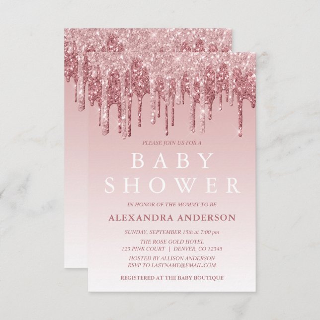 Rotgold | Rosa Sparkle Glitzer Kinderdusche Einladung (Vorne/Hinten)