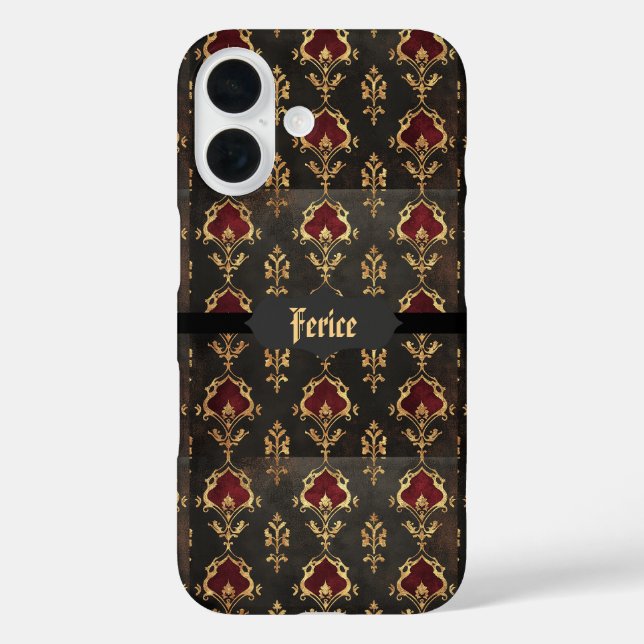 Rotgold und schwarzer gotischer Damast Case-Mate iPhone Hülle (Rückseite)