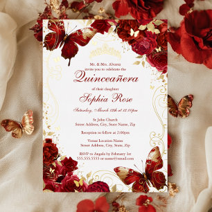 Rotgold Vintage Schmetterling Floral Quinceanera Folieneinladung