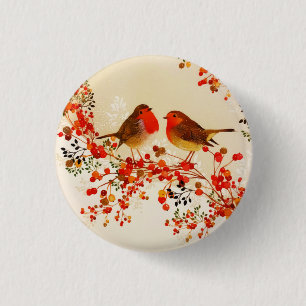 Rotgoldene Wintervögel Stechpalmenzweig Button