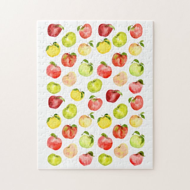 Rotgrüne Apfelillustrierung Aquarellfarben Herbst Puzzle (Vertikal)