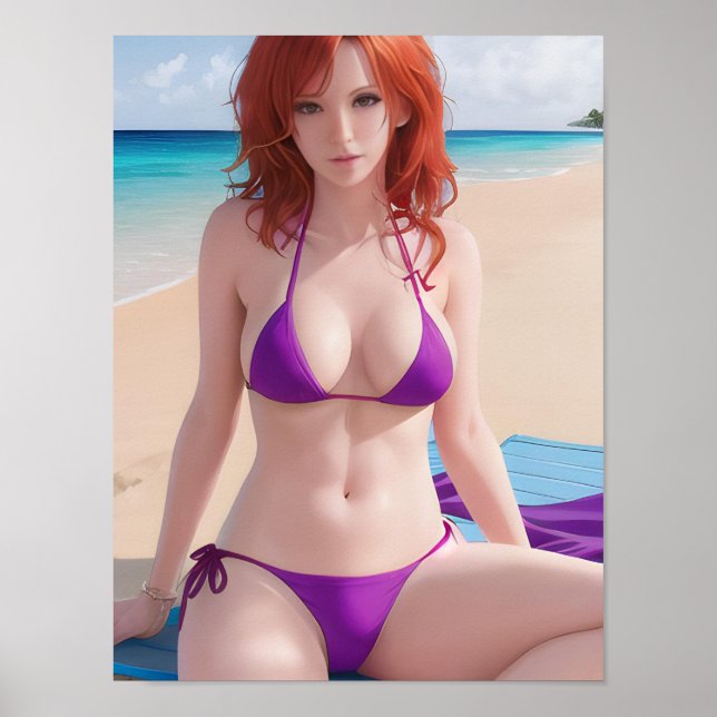 Rothaarige Dame in einem Lila Bikini Poster (Vorne)
