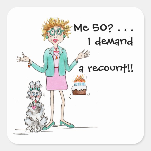 Rothaarige Dame wird 50 und Proteste Quadratischer Aufkleber (Vorderseite)