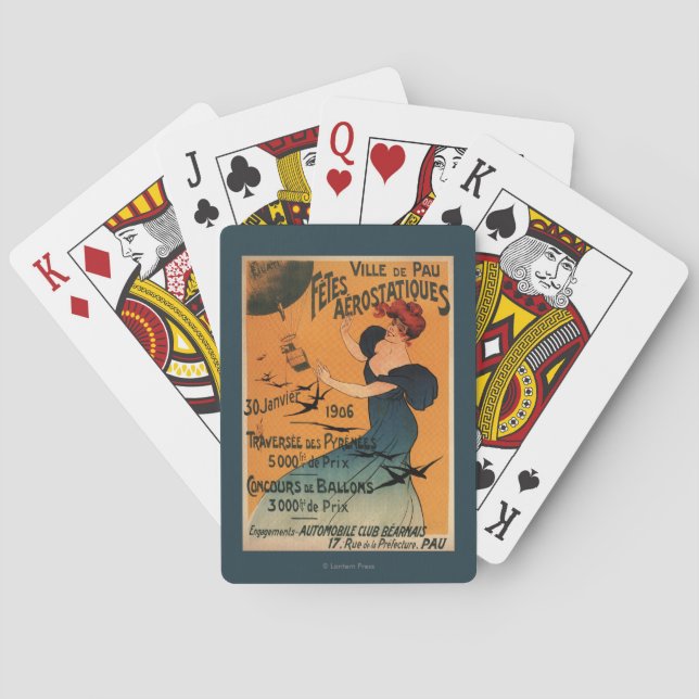 Rothaarige Frau erwartet Ballon-Vogel-Plakat Spielkarten (Rückseite)