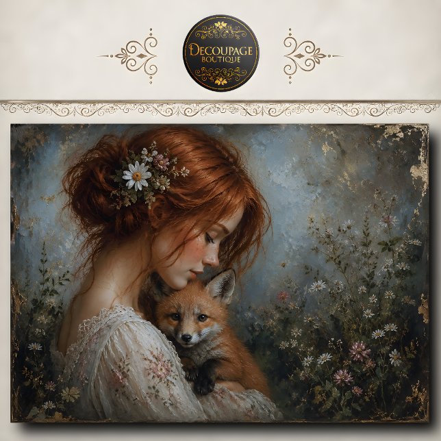 Rothaarige Frau Fuchs Gänseblümchen Decoupage Seidenpapier (Redhead Woman Fox Daisies Decoupage Tissue Paper)