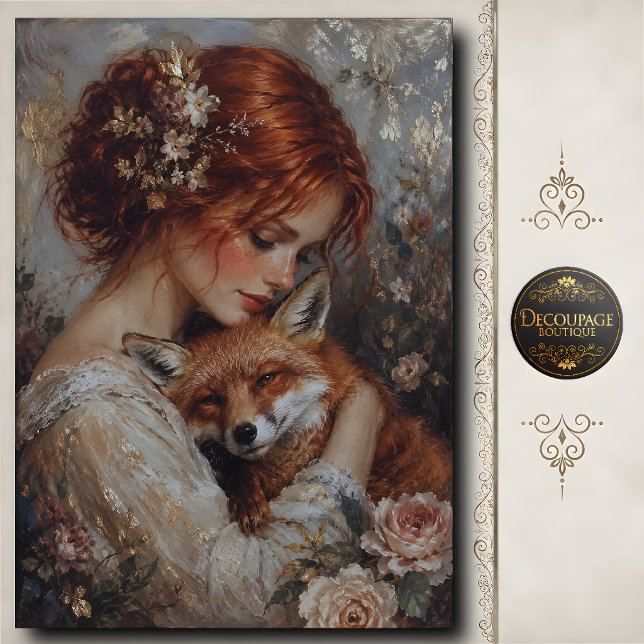 Rothaarige Frau Fuchs Rosen Decoupage Seidenpapier (Redhead Woman Fox Roses Decoupage Tissue Paper)