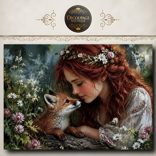Rothaarige Frau Fuchs Wildblumen Decoupage Seidenpapier (Redhead Woman Fox Wildflowers Decoupage Tissue Paper)