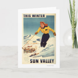 Rothaarige Frau Lächeln und Skiplakat Karte