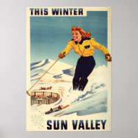 Rothaarige Frau Lächeln und Skiplakat