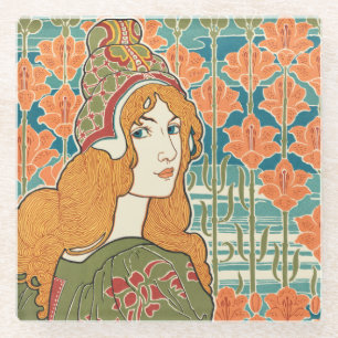 Rothaarige Frau Orange Lilien Vintage Kunst Druck Glasuntersetzer