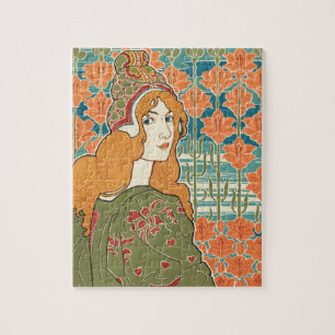 Rothaarige Frau Orange Lilien Vintage Kunst Druck Puzzle