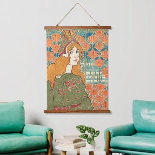 Rothaarige Frau Orange Lilien Vintage-Kunstprint Wandteppich Mit Holzrahmen