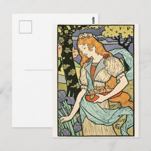 Rothaarige Frau pflückt Blumen Art Nouveau Postkarte