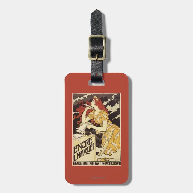 Rothaarige Frau u. Harfe L. Marquet Ink Gepäckanhänger (Vorderseite vertikal)