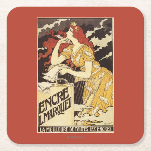 Rothaarige Frau u. Harfe L. Marquet Ink Rechteckiger Pappuntersetzer