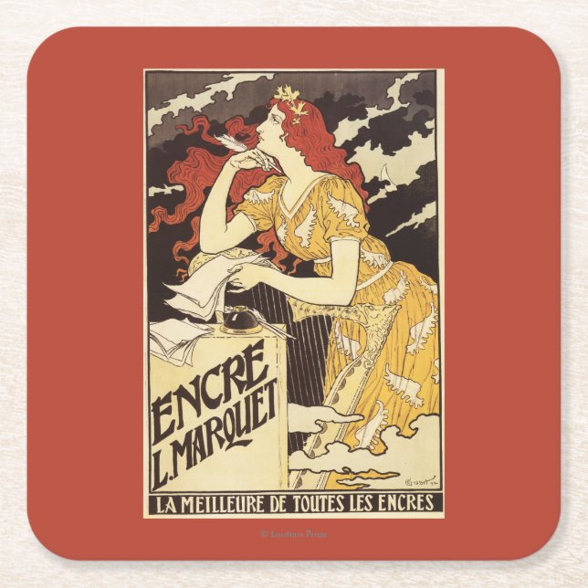 Rothaarige Frau u. Harfe L. Marquet Ink Rechteckiger Pappuntersetzer (Vorderseite)