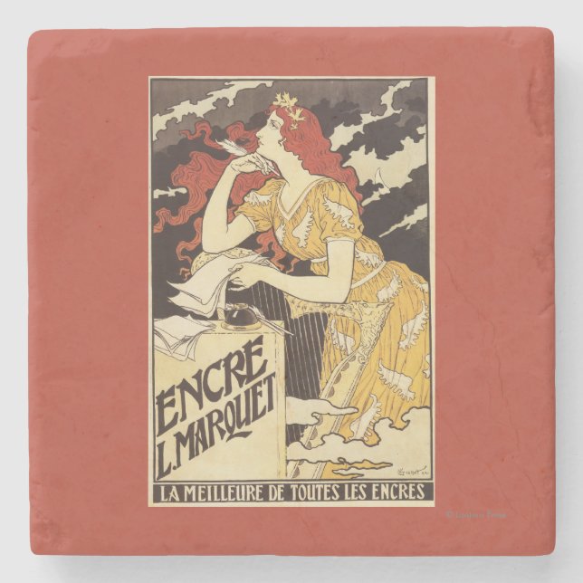 Rothaarige Frau u. Harfe L. Marquet Ink Steinuntersetzer (Vorderseite)