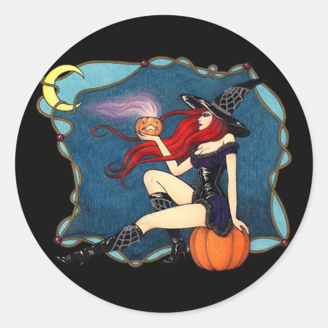 Rothaarige HexenHalloween Runder Aufkleber (Vorderseite)