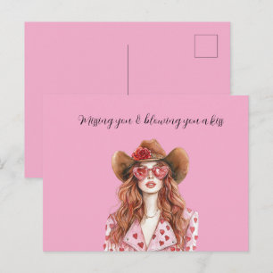Rothaarige Lady Cowgirl Herzen küssen dich Postkarte