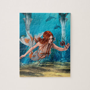 Rothaarige Meerjungfrau Unterwasser-Fantasy-Kunst Puzzle