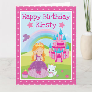 Rothaarige Prinzessin & Schloss & Regenbogen Gebur Karte
