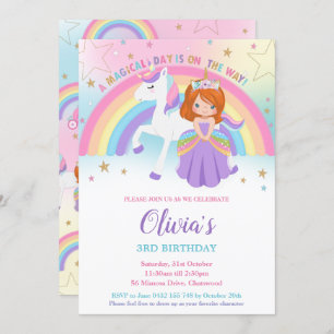 Rothaarige Prinzessin Unicorn Birthday Rainbow Einladung