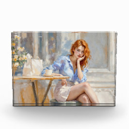 Rothaarige Schönheitsfrau sitzt in einem Café Soft Fotoblock