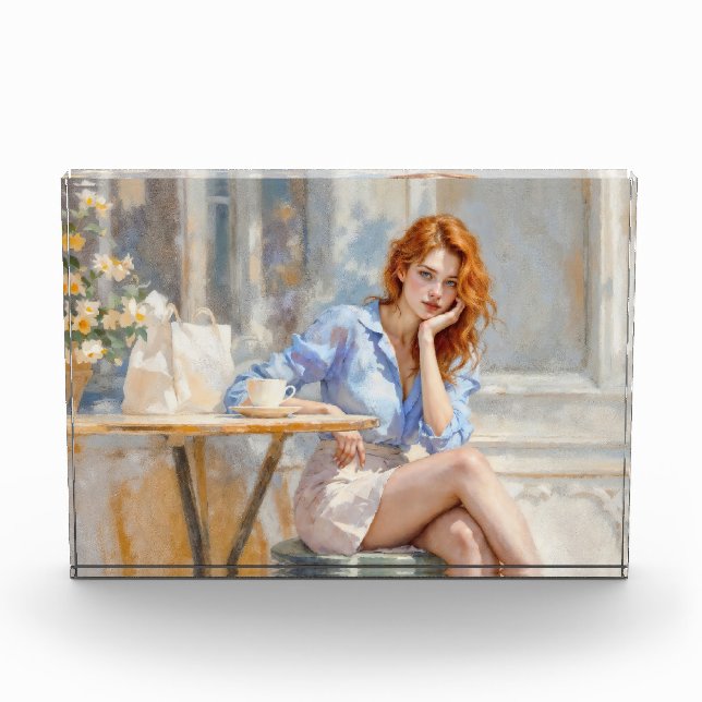 Rothaarige Schönheitsfrau sitzt in einem Café Soft Fotoblock (Vorderseite)