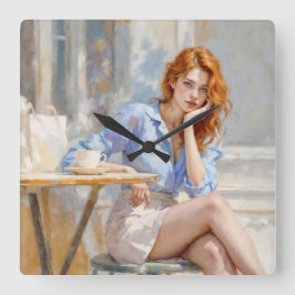 Rothaarige Schönheitsfrau sitzt in einem Café Soft Quadratische Wanduhr