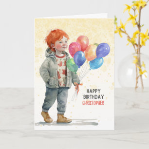 Rothaariger Junge mit Namen und Luftballons zum Ge Karte