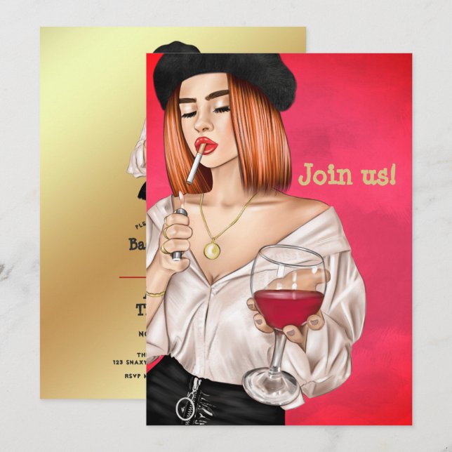 Rothaariger Junggeselinnen-Abschied Einladung (Vorne/Hinten)