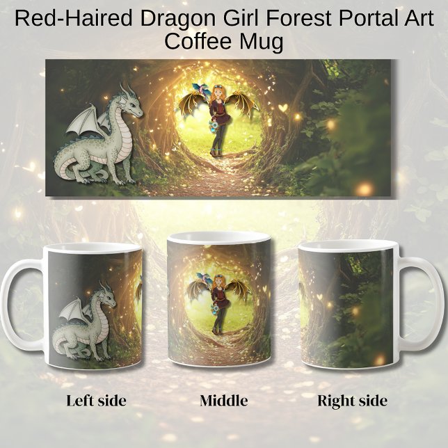 Rothaariges Drachenmädchen Waldportal Kunst Kaffeetasse (Dragon Girl Forest Scene Mug)