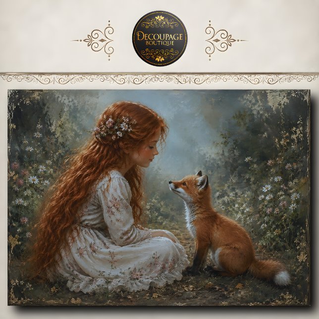 Rothaariges Mädchen Fuchs Wildblumen-Dekupage Seidenpapier (Redhead Girl Fox Wildflower Decoupage Tissue Paper)