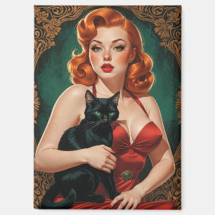 Rothaariges Pin-Up und schwarze Katze Magnet