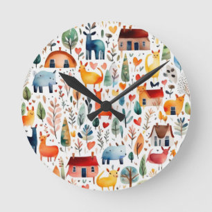 Rothäuser und Häuser niedliche Papierblätter Runde Wanduhr