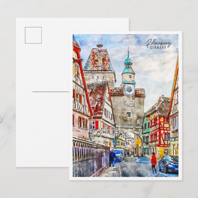 Rothenburg Deutschland Vintage Reise Aquarell Postkarte (Vorne/Hinten)