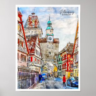 Rothenburg Deutschland vintage Reise Wasserfarbe Poster