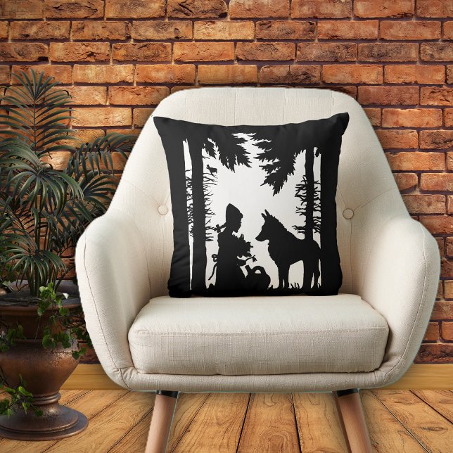 Rotkäppchen Gießkanne Blumen Wolf Wald Kissen (Black white decorative pillow with red riding hood in the forest under trees with the wolf.)
