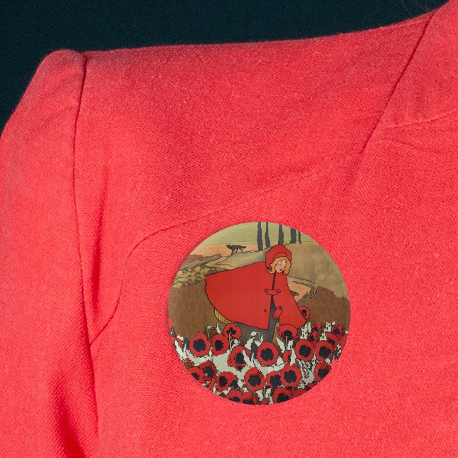 Rotkäppchen pflückt Klatschmohn Knopf Button (Red Riding hood in red cape picking red poppy flowers in field wolf on round pink back button.)