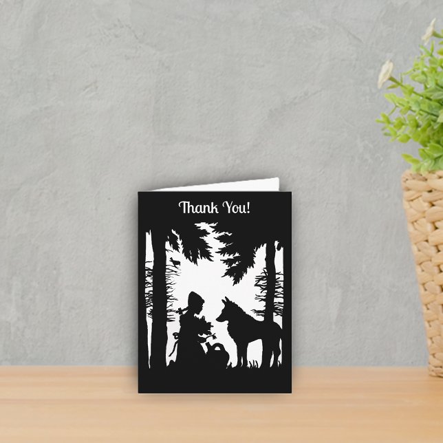 Rotkäppchen Wolf Schwarz Weiß im Wald Dankeskarte (black white Little red riding hood under trees in forest with wolf on Thank you cards.)