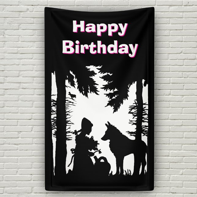 Rotkäppchen Wolf Wälder Schwarz Weiß Banner (Riding hood kneeling under trees in forest with wolf on fairy tale Birthday banner or backdrop.)