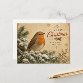 Rotkehlchen auf einem Weihnachtspostkartenbaum Feiertagspostkarte
