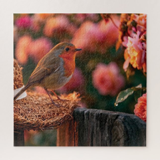 Rotkehlchen auf Strohhut im Rosengarten Puzzle (Vertikal)