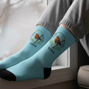 Rotkehlchen auf winterlichem Ast Blaue Weihnachts- Socken
