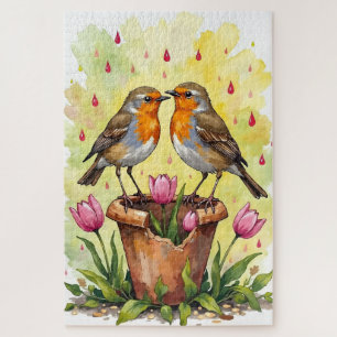 Rotkehlchen Frühlingsliebe Aquarell-Kunst Puzzle