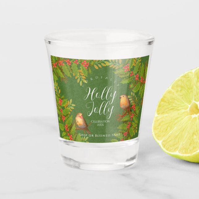 Rotkehlchen-Holly-Beeren-Geschäft-Jägergrün Schnapsglas (Vorderseite)
