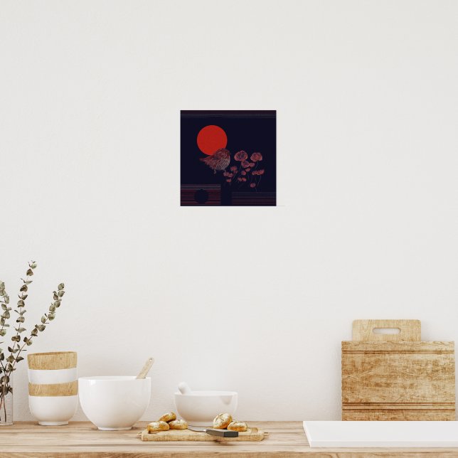 Rotkehlchen-Illustration mit roter Sonne Poster (Küche)