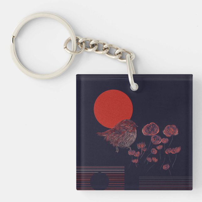 Rotkehlchen-Illustration mit roter Sonne Schlüsselanhänger (Vorderseite)