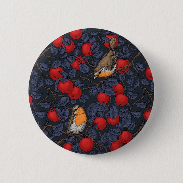 Rotkehlchen im Apfelbaum/ blau und rot  Button (Vorderseite)