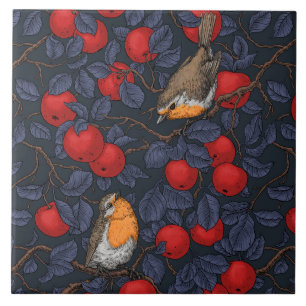 Rotkehlchen im Apfelbaum/ blau und rot Fliese